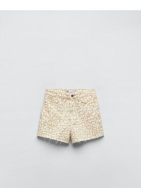 Zara Beige and Cream Animal-Print Denim Shorts